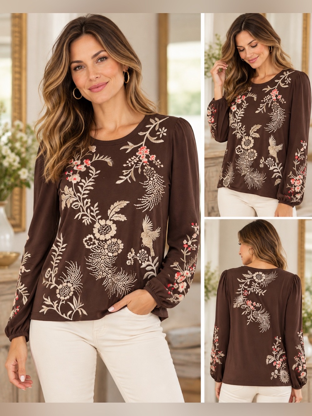 Johnny Was Brown Embroidered Floral Bird Boho Long Sleeve Top Size M